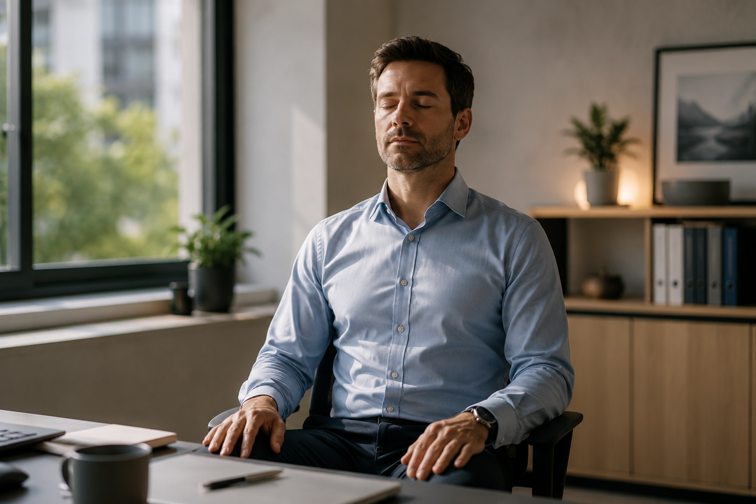 Dirigeant pratiquant la sophrologie exécutive et la respiration au bureau
